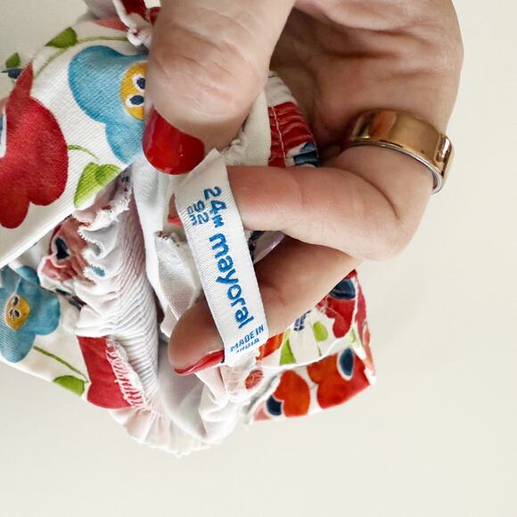 [Mayoral] Red Floral Print Sleeveless Smocked Baby Girl Romper Bow Size 24M - Picture 10 of 11